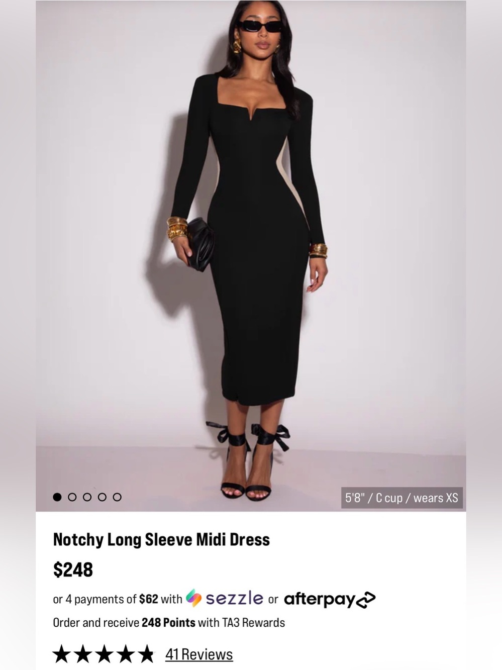 Notchy Long Sleeve Black Midi Dress